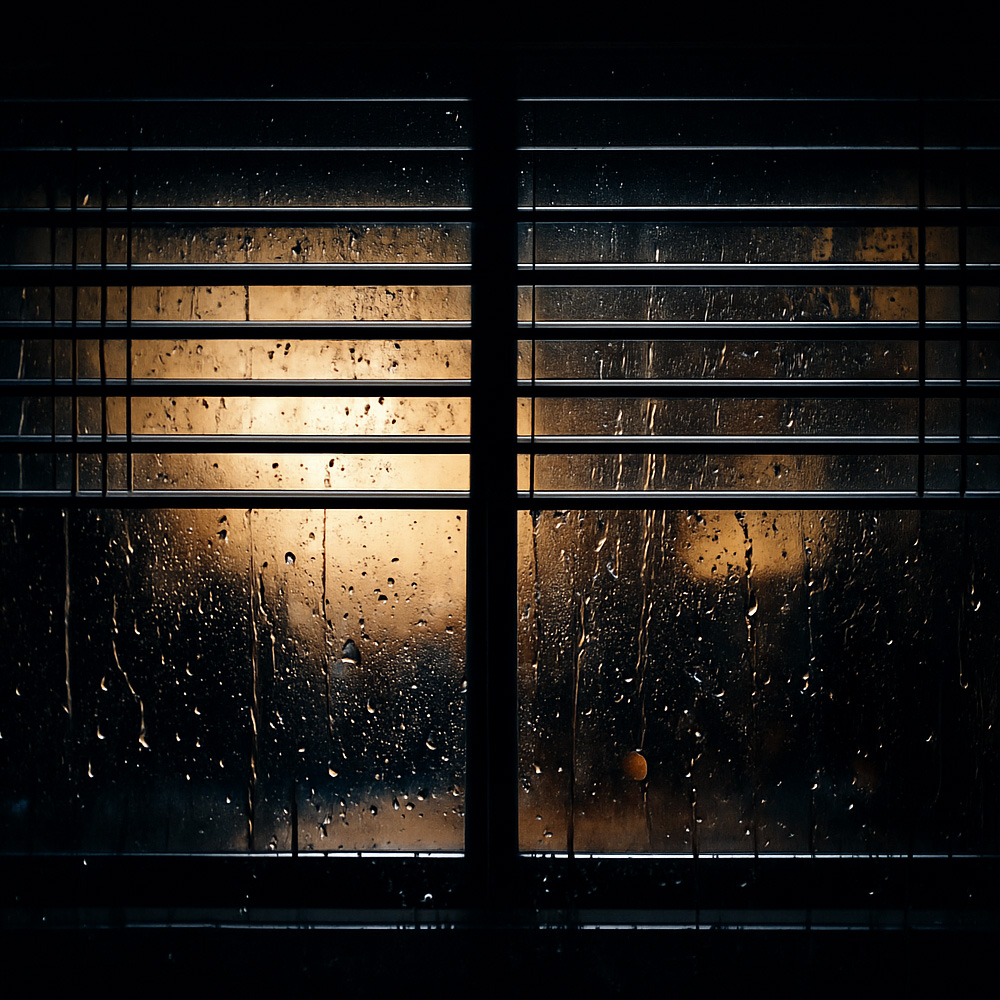 rainy window with blinds